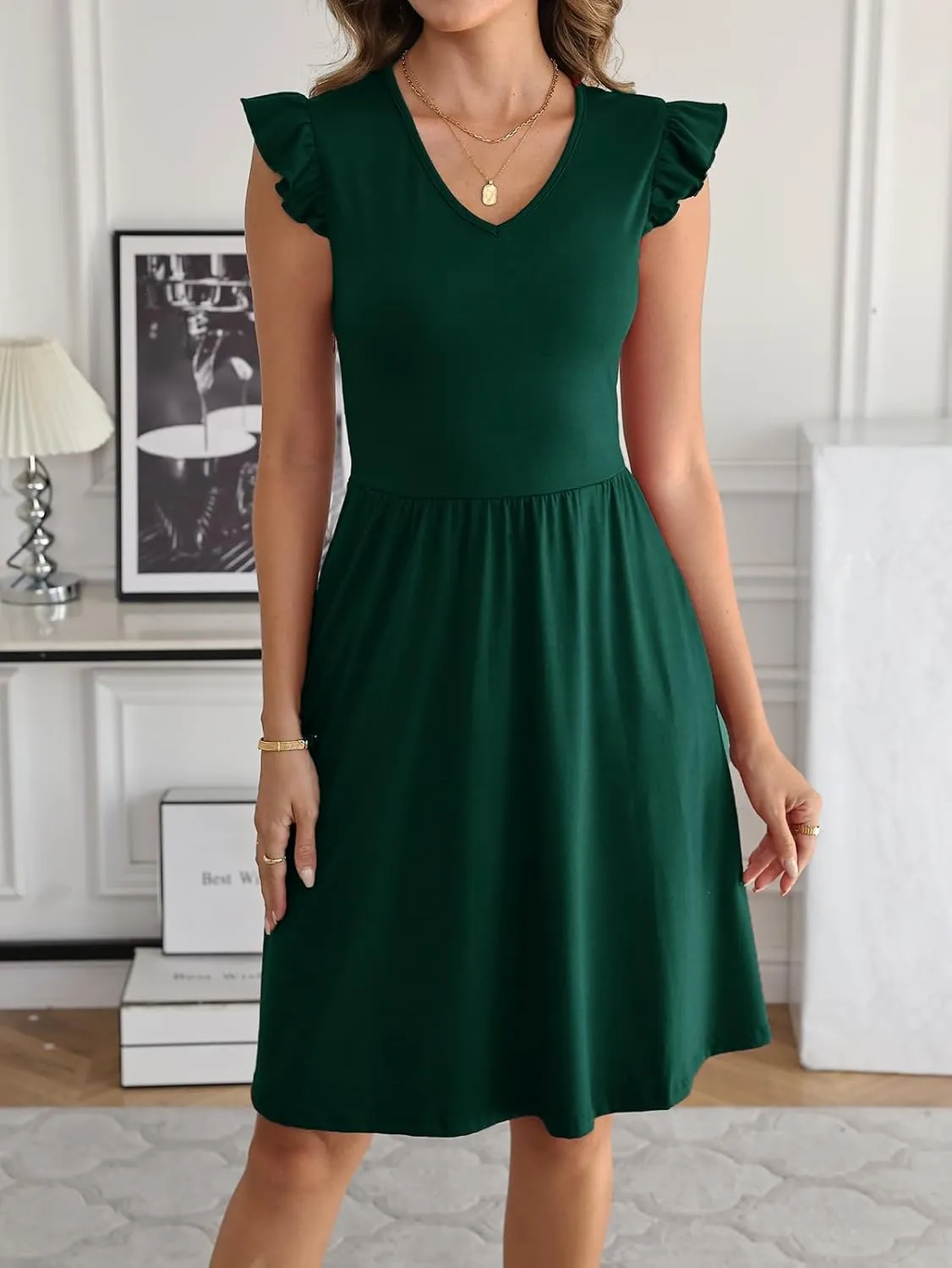 HELYO Women's Summer Dresses Cute V Neck Ruffle Sleeve Cocktail Short Work Casual Dress with Pockets 648