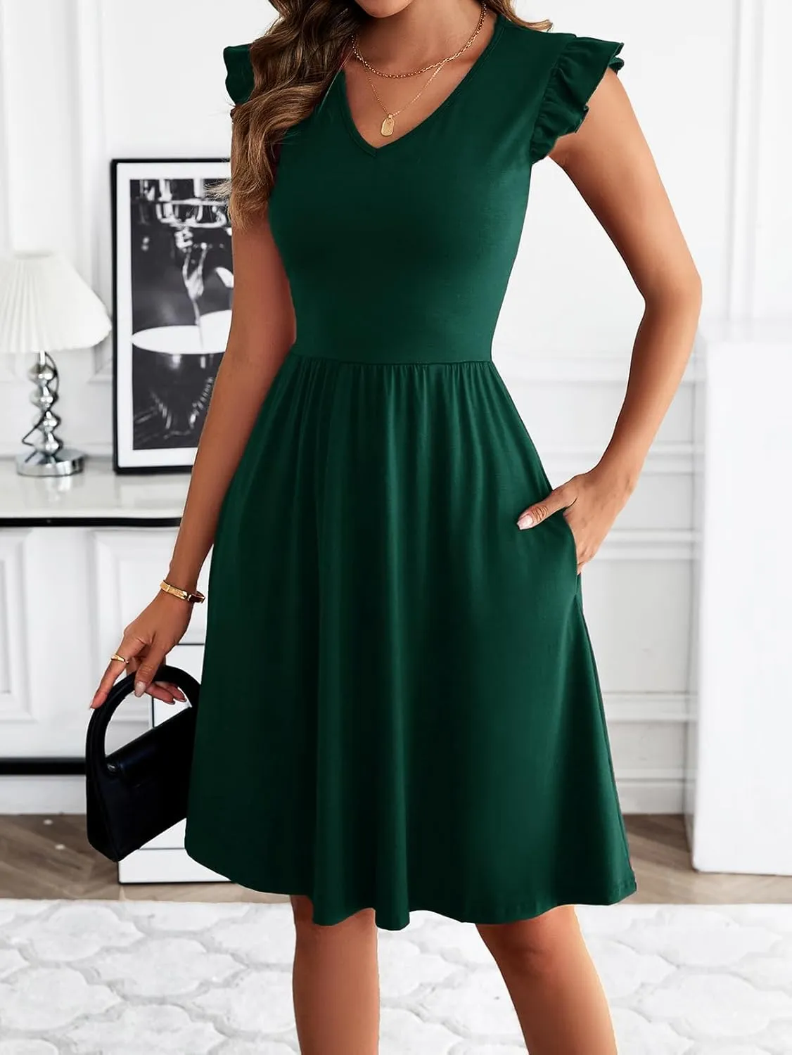 HELYO Women's Summer Dresses Cute V Neck Ruffle Sleeve Cocktail Short Work Casual Dress with Pockets 648