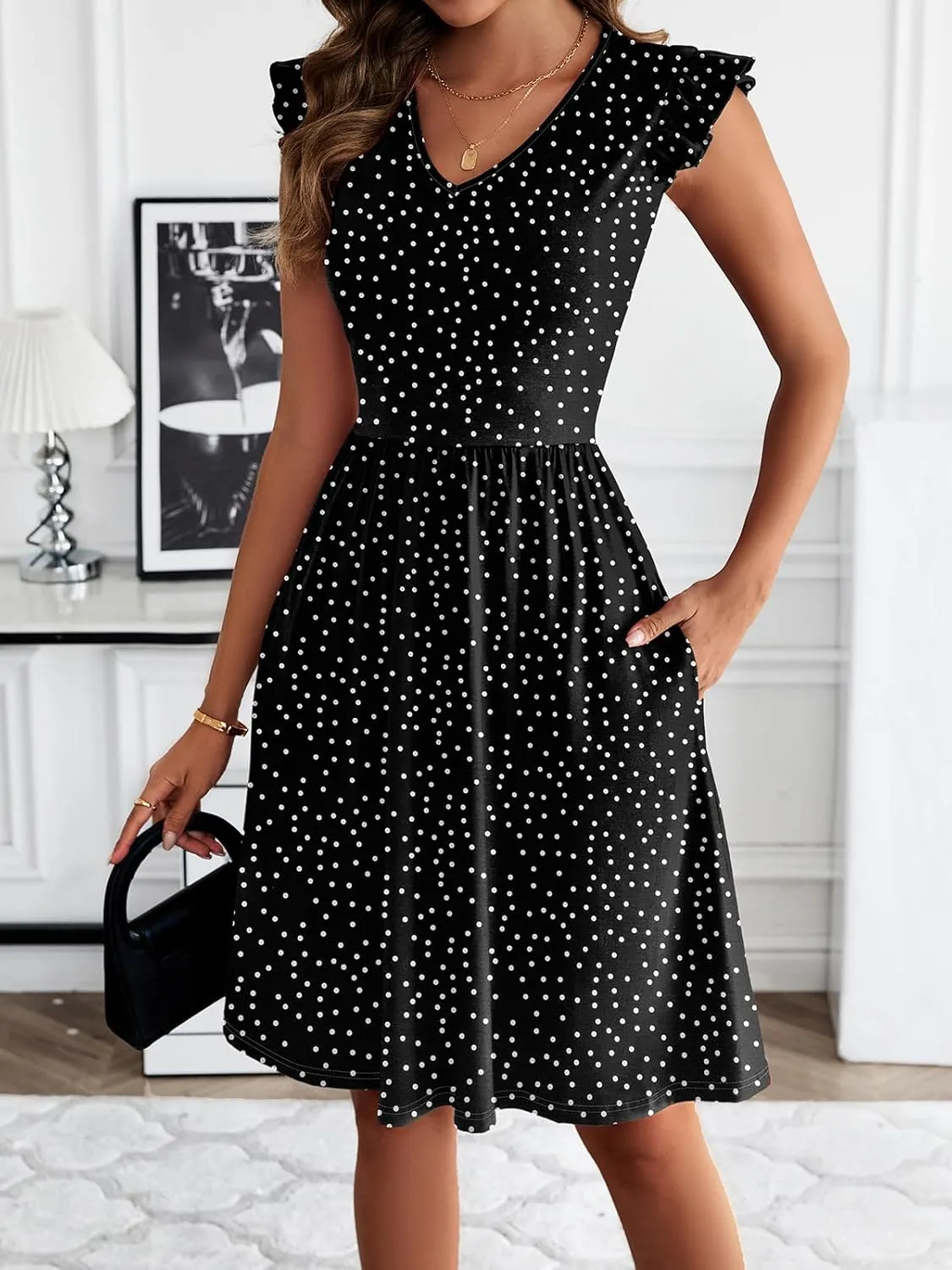 HELYO Women's Summer Dresses Cute V Neck Ruffle Sleeve Cocktail Short Work Casual Dress with Pockets 648