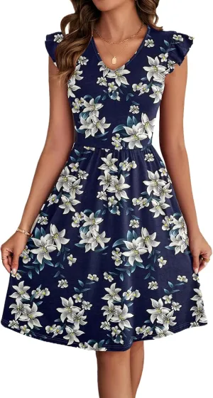 HELYO Women's Summer Dresses Cute V Neck Ruffle Sleeve Cocktail Short Work Casual Dress with Pockets 648