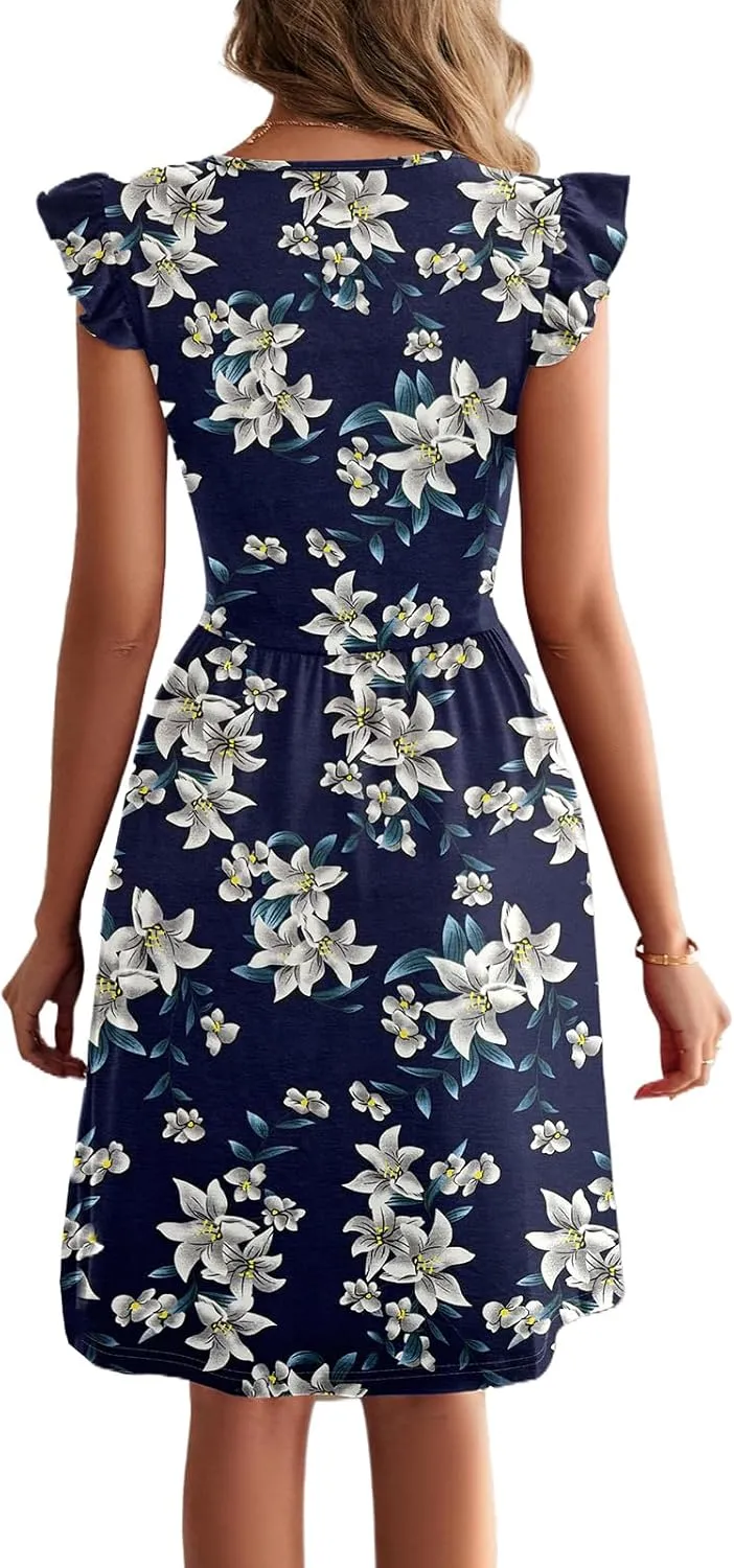 HELYO Women's Summer Dresses Cute V Neck Ruffle Sleeve Cocktail Short Work Casual Dress with Pockets 648