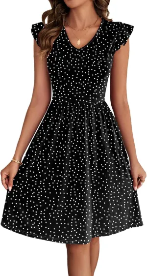 HELYO Women's Summer Dresses Cute V Neck Ruffle Sleeve Cocktail Short Work Casual Dress with Pockets 648
