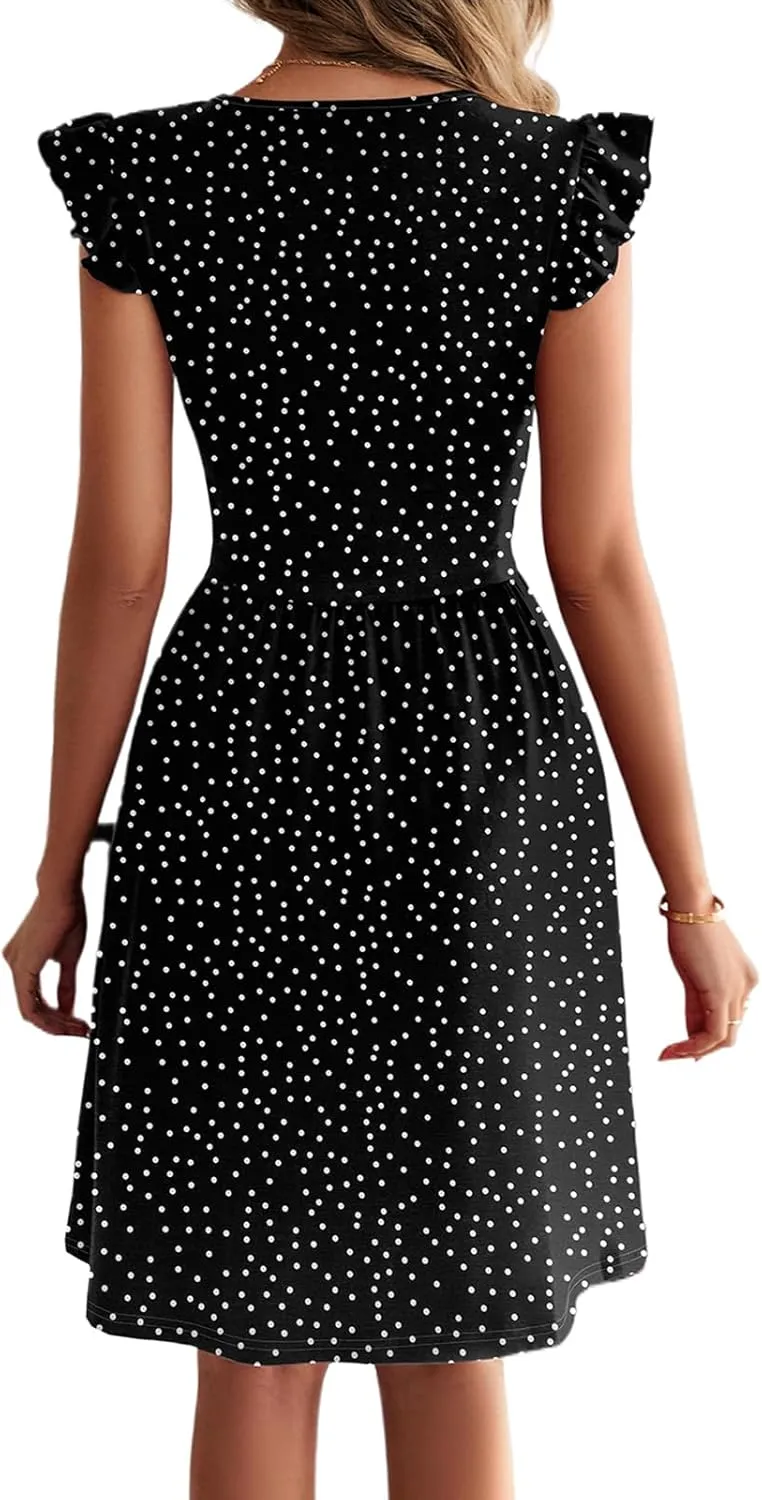 HELYO Women's Summer Dresses Cute V Neck Ruffle Sleeve Cocktail Short Work Casual Dress with Pockets 648