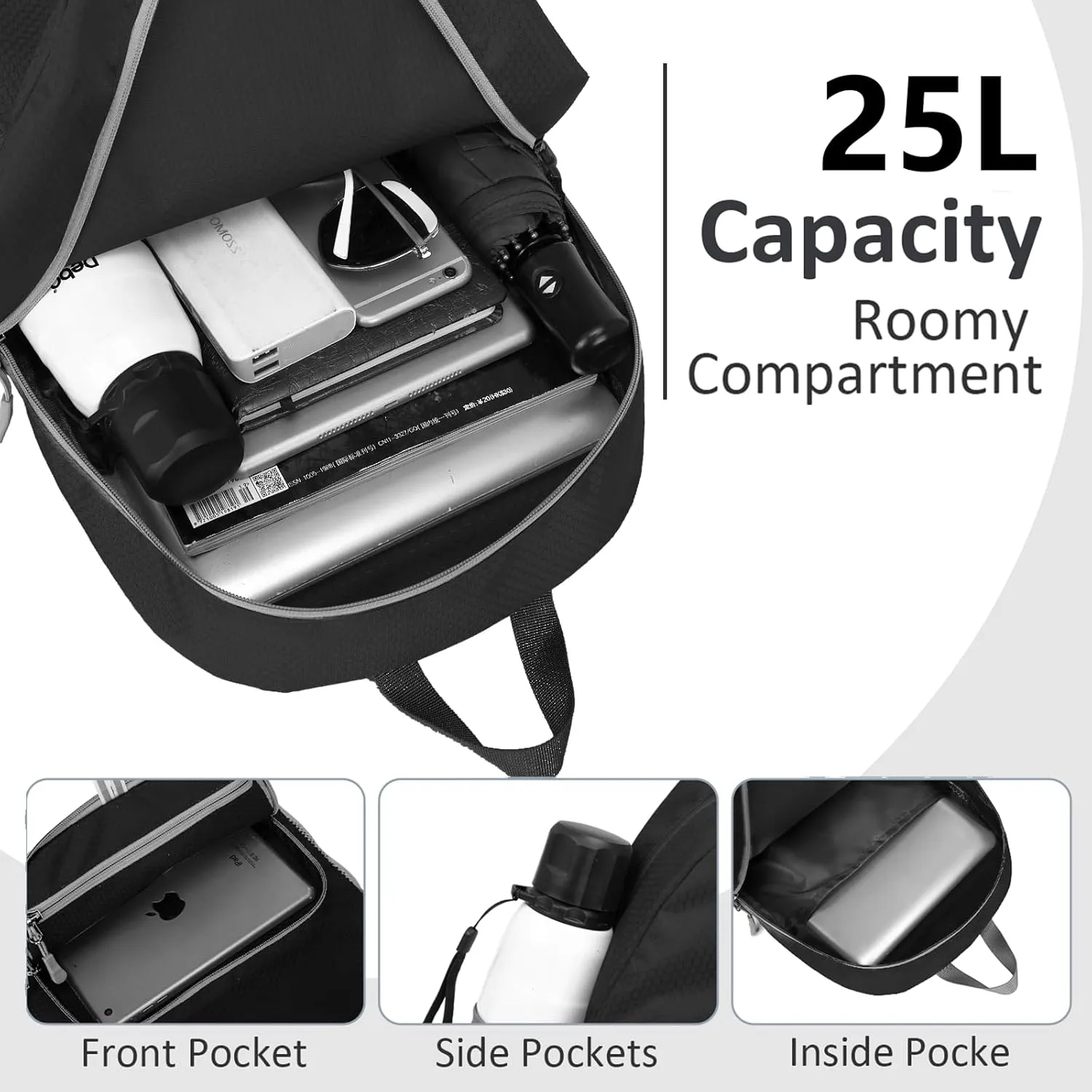 Hiking Backpack, 25l Lightweight Packable Travel Camping Outdoor Sports Backpack, Water Resistant Foldable Travel Daypack for Men Women, Black