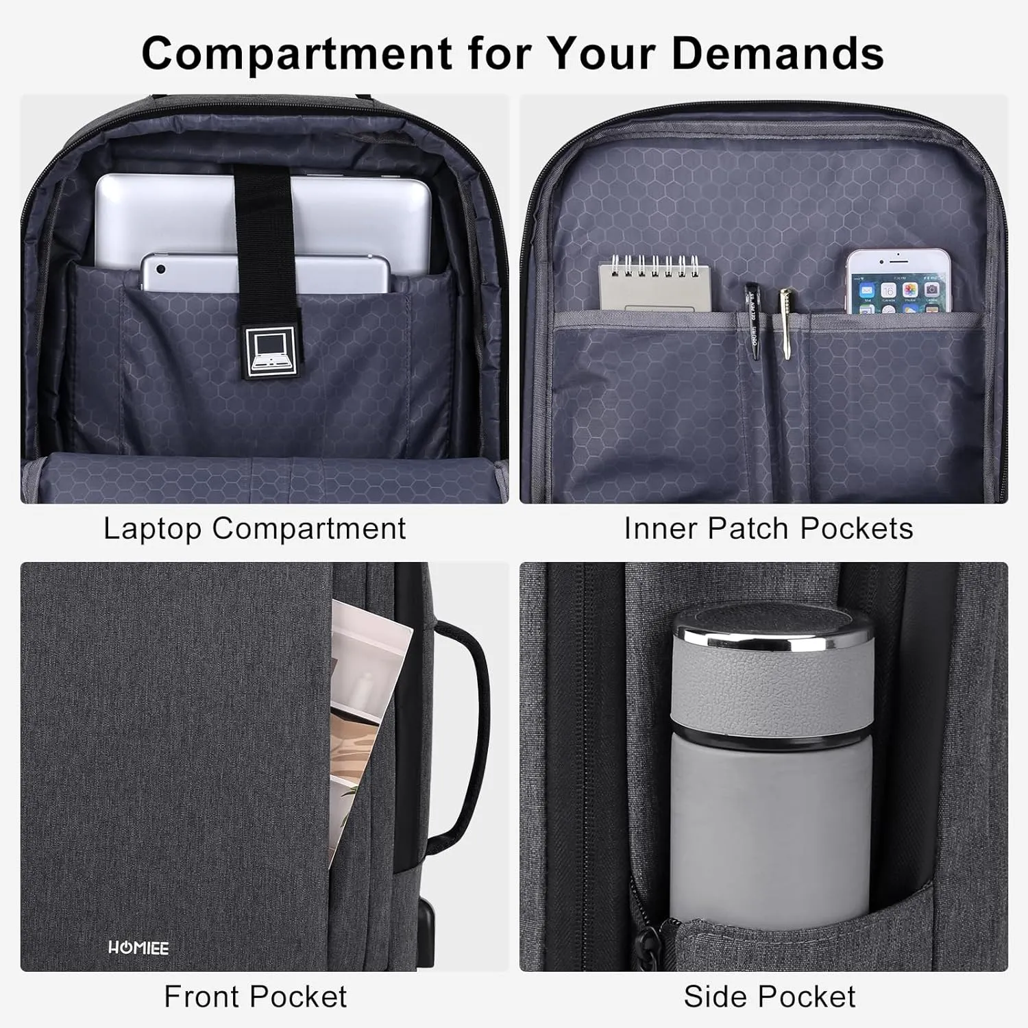 HOMIEE 30L Travel Laptop Backpack for Men Women, 15.6 Inch Expandable Backpack with USB Charging Port, Water Resistant Business Work College Bag, Grey