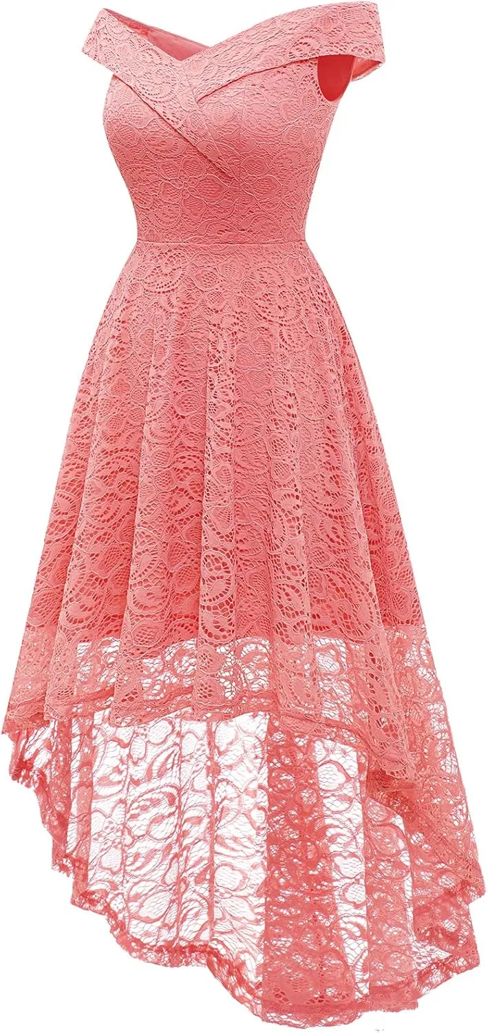 HomRain Women's Elegant Floral Lace Dress Off The Shoulder High Low Hem Dresses for Wedding for Cocktail for Party