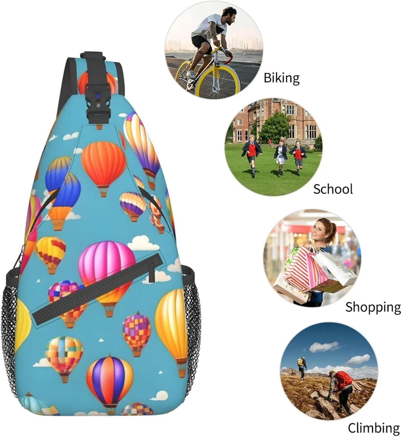 Hot Air Colorful Balloons Unisex Casual Diagonal Chest Bag,Multipurpose Crossbody Shoulder Bag Travel Hiking Daypack