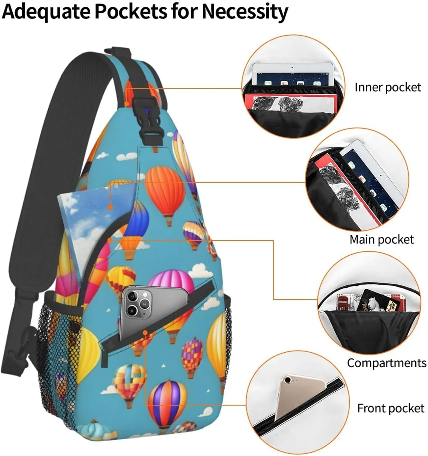 Hot Air Colorful Balloons Unisex Casual Diagonal Chest Bag,Multipurpose Crossbody Shoulder Bag Travel Hiking Daypack