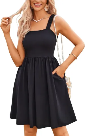 HOTOUCH Women's Summer Dress Floral Square Neck Sleeveless Casual Dress with Pockets A-line Swing Mini Dresses Sundress