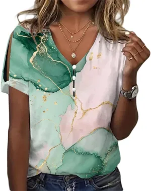 HOTYD Cold Shoulder Boho Tops for Women Short Sleeve Button V Neck Graphic Tees Ladies Summer Tops and Blouses Dressy Casual