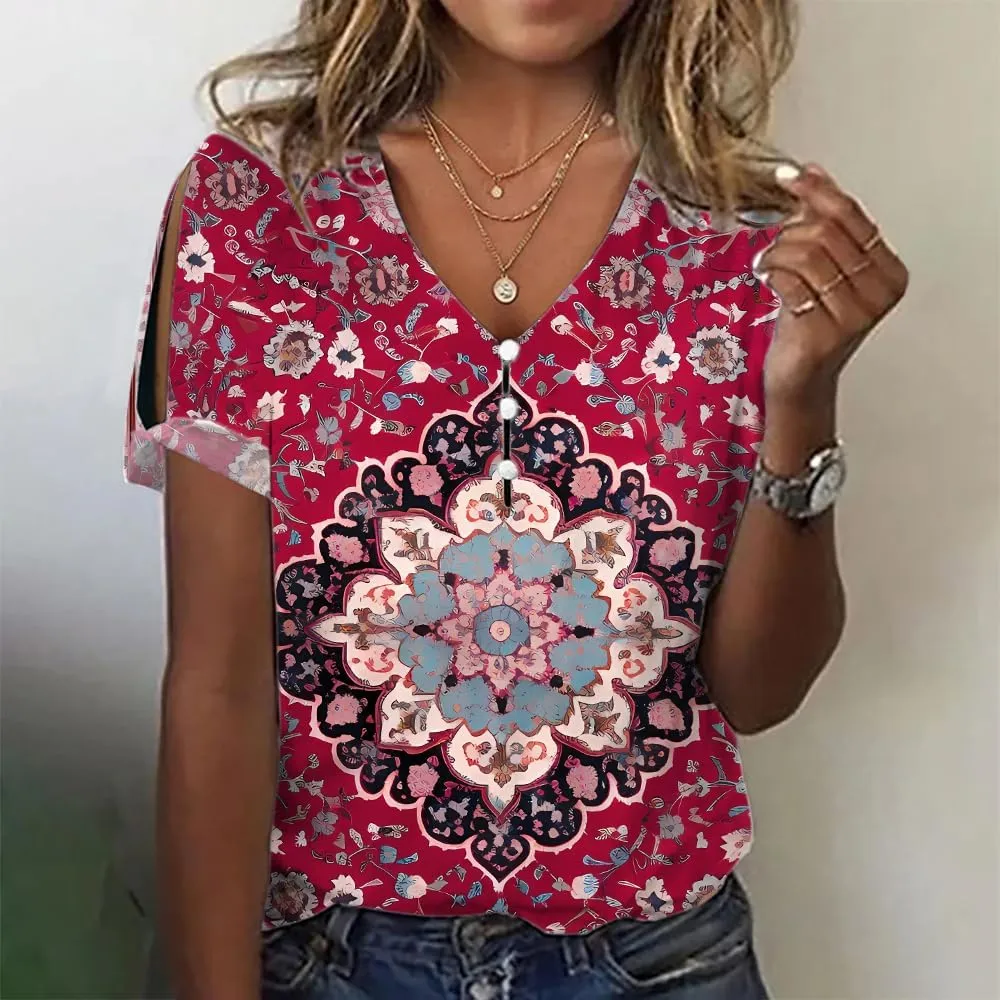 HOTYD Cold Shoulder Boho Tops for Women Short Sleeve Button V Neck Graphic Tees Ladies Summer Tops and Blouses Dressy Casual