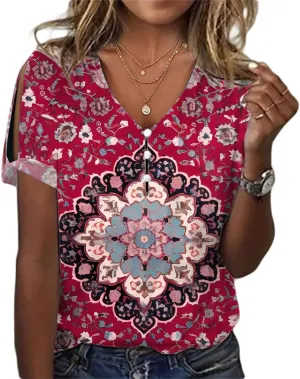 HOTYD Cold Shoulder Boho Tops for Women Short Sleeve Button V Neck Graphic Tees Ladies Summer Tops and Blouses Dressy Casual