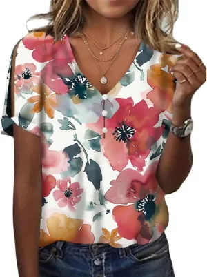 HOTYD Women's Boho Floral Print Ladies Short Sleeve Tops Summer Blouses Dressy Casual V Neck Cold Shoulder Tunic Tops