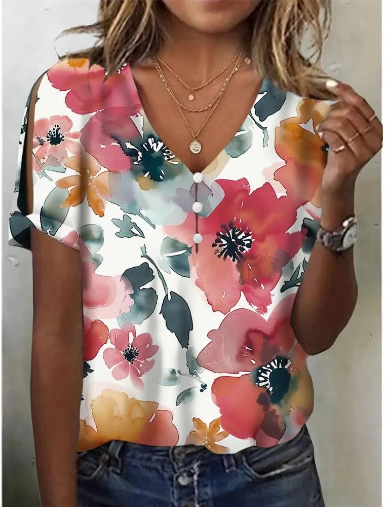 HOTYD Women's Boho Floral Print Ladies Short Sleeve Tops Summer Blouses Dressy Casual V Neck Cold Shoulder Tunic Tops