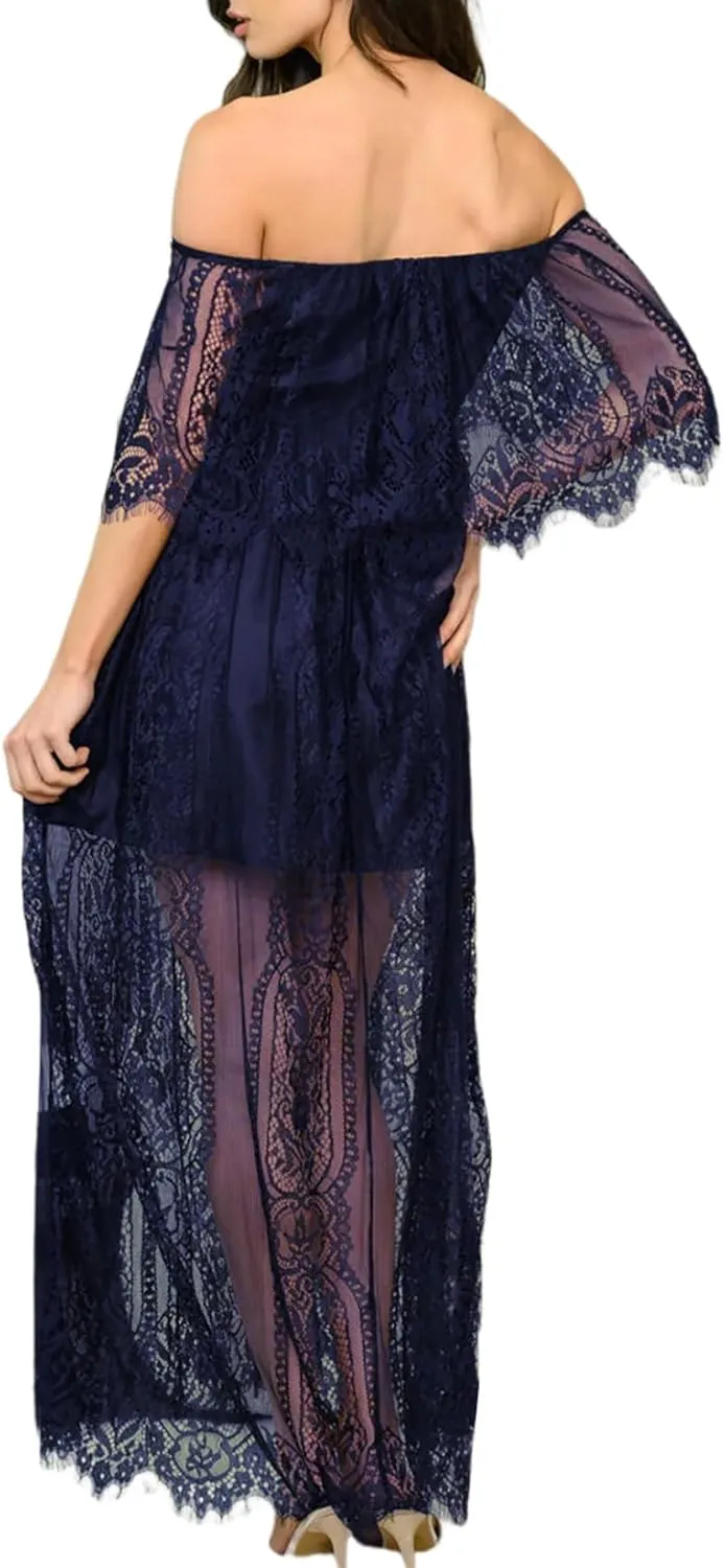 HOYISHION Women's Off The Shoulder Floral Lace Maxi Dress White Bridesmaid Wedding Party Maternity Photoshoot Long Dresses