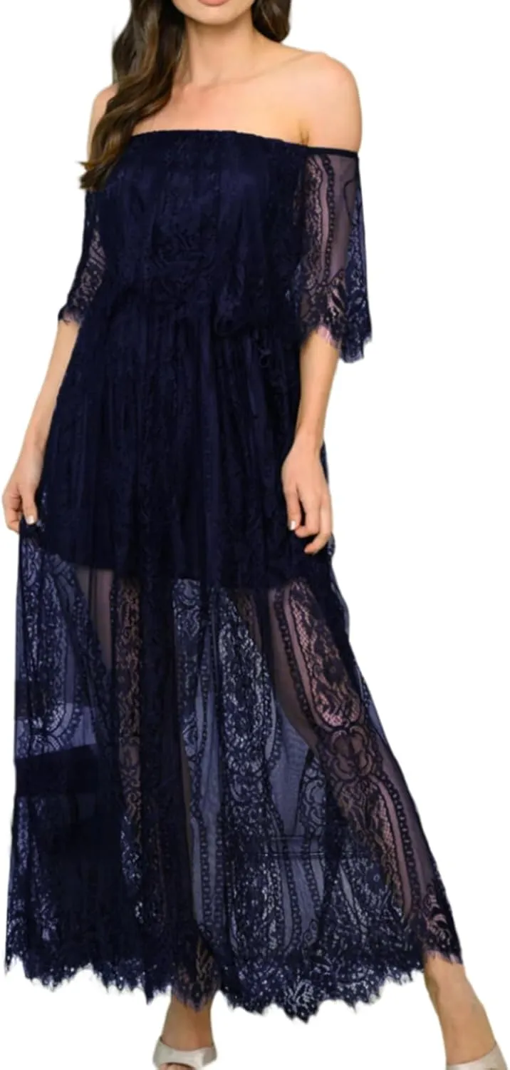 HOYISHION Women's Off The Shoulder Floral Lace Maxi Dress White Bridesmaid Wedding Party Maternity Photoshoot Long Dresses
