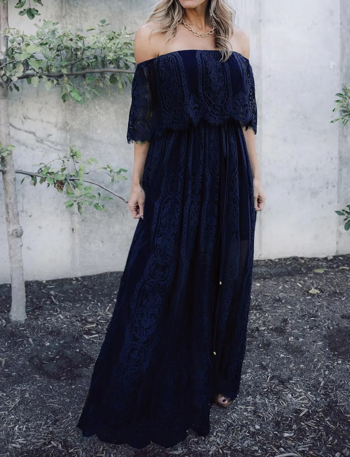 HOYISHION Women's Off The Shoulder Floral Lace Maxi Dress White Bridesmaid Wedding Party Maternity Photoshoot Long Dresses