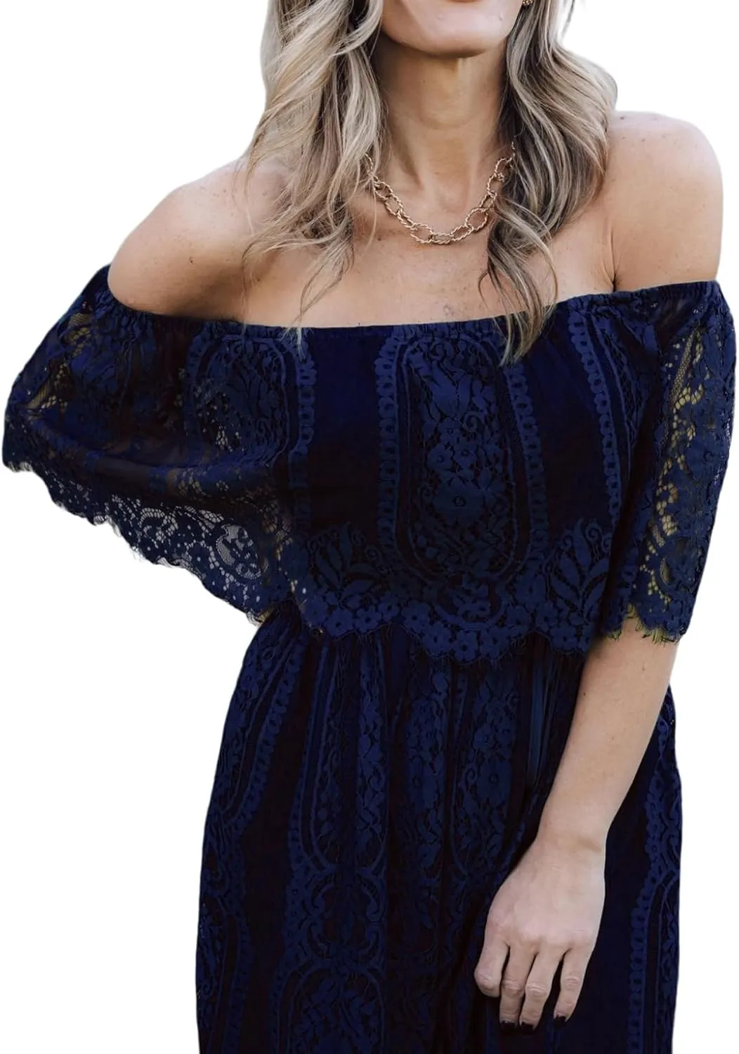 HOYISHION Women's Off The Shoulder Floral Lace Maxi Dress White Bridesmaid Wedding Party Maternity Photoshoot Long Dresses