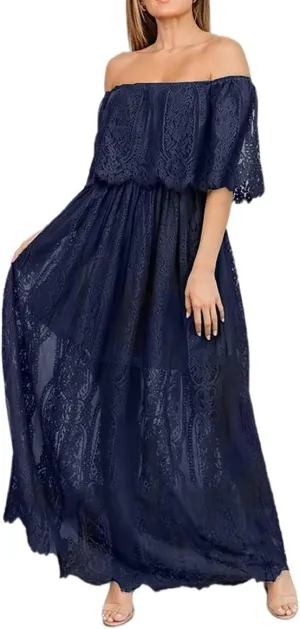 HOYISHION Women's Off The Shoulder Floral Lace Maxi Dress White Bridesmaid Wedding Party Maternity Photoshoot Long Dresses