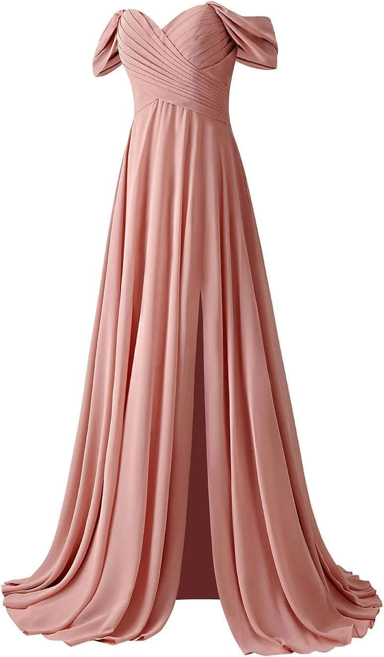 HSFIYAKJ Off Shoulder Bridesmaid Dresses for Women Long Pleated Chiffon A Line Formal Evening Prom Dress with Slit