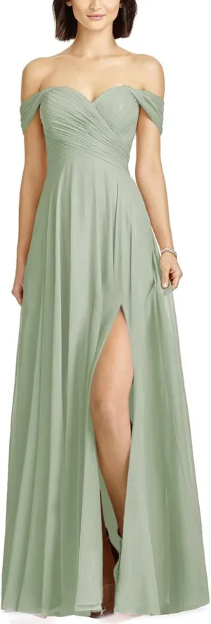 HSFIYAKJ Off Shoulder Bridesmaid Dresses for Women Long Pleated Chiffon A Line Formal Evening Prom Dress with Slit