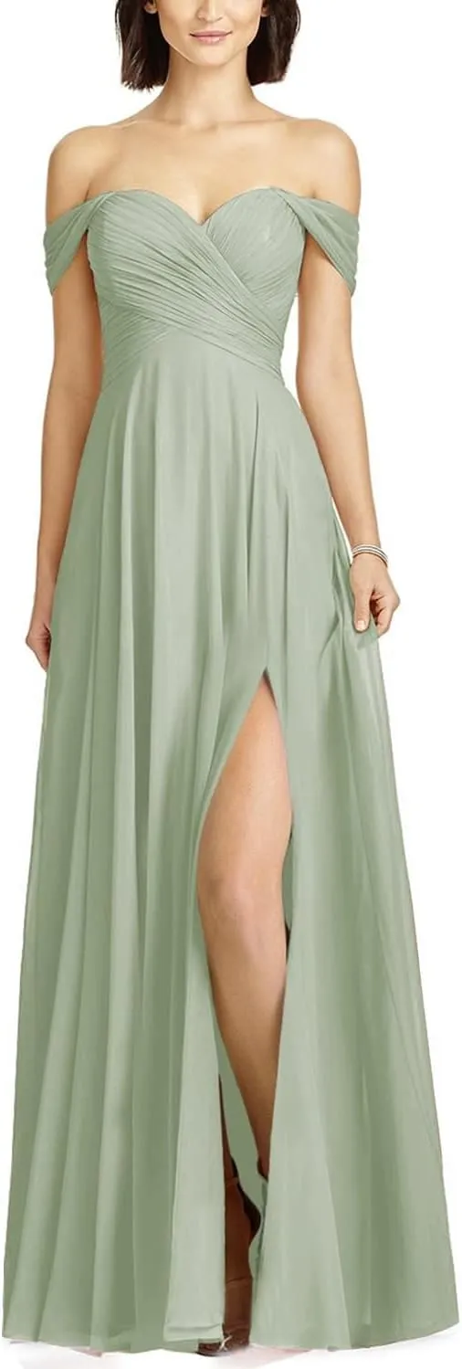 HSFIYAKJ Off Shoulder Bridesmaid Dresses for Women Long Pleated Chiffon A Line Formal Evening Prom Dress with Slit