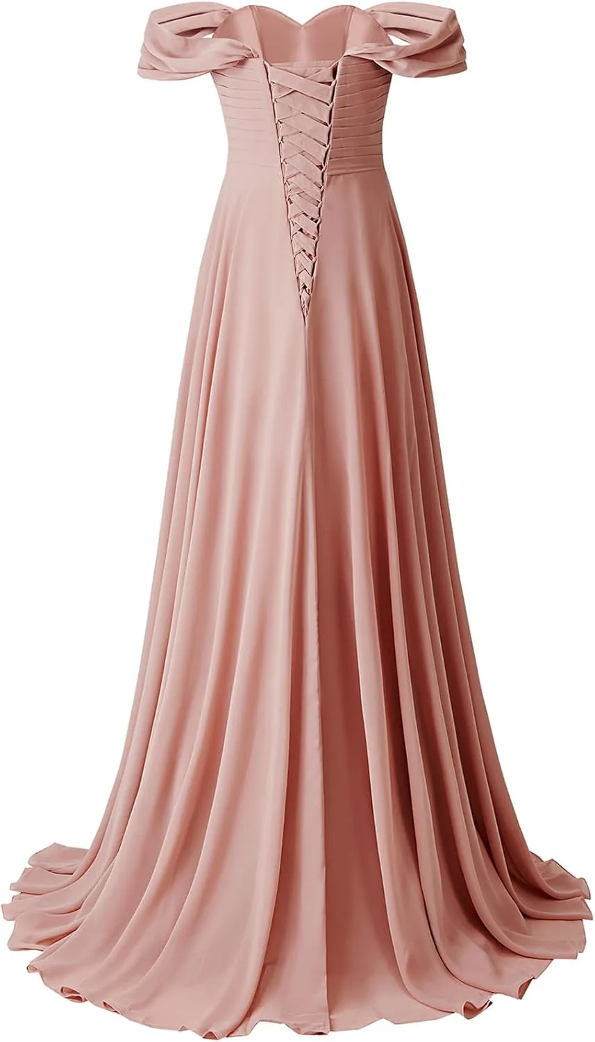 HSFIYAKJ Off Shoulder Bridesmaid Dresses for Women Long Pleated Chiffon A Line Formal Evening Prom Dress with Slit