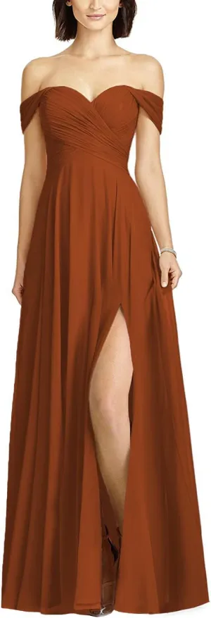 HSFIYAKJ Off Shoulder Bridesmaid Dresses for Women Long Pleated Chiffon A Line Formal Evening Prom Dress with Slit