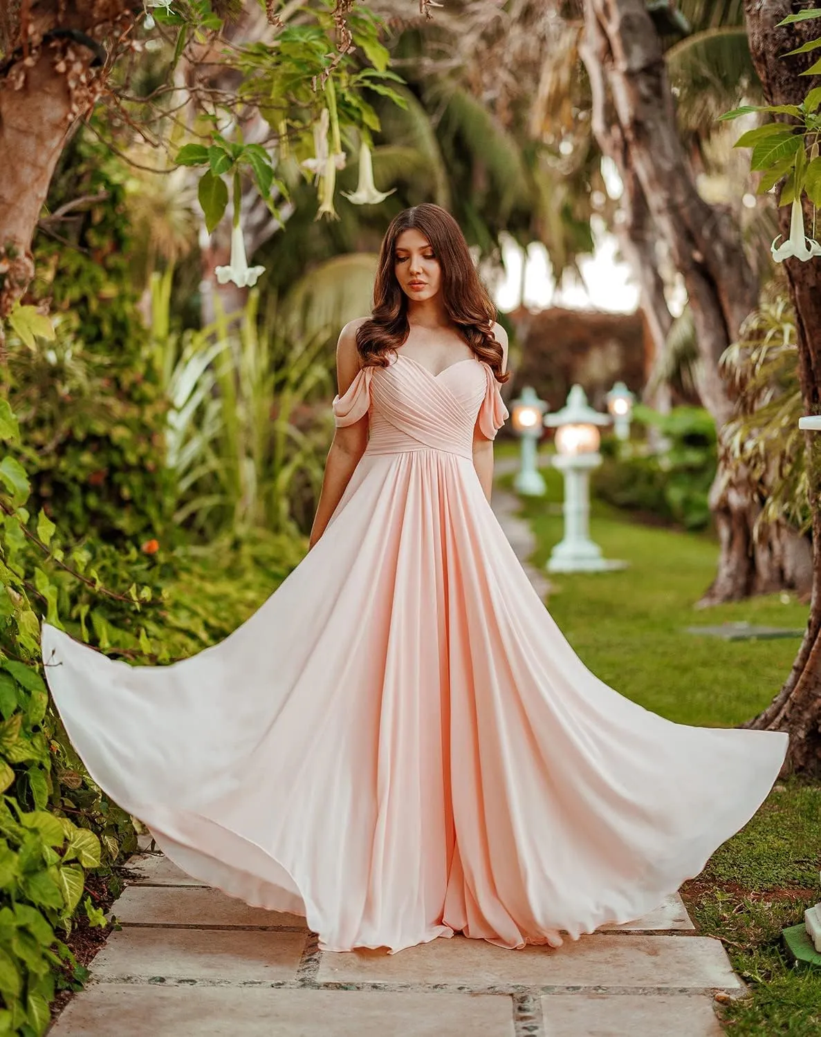 HSFIYAKJ Off Shoulder Bridesmaid Dresses for Women Long Pleated Chiffon A Line Formal Evening Prom Dress with Slit