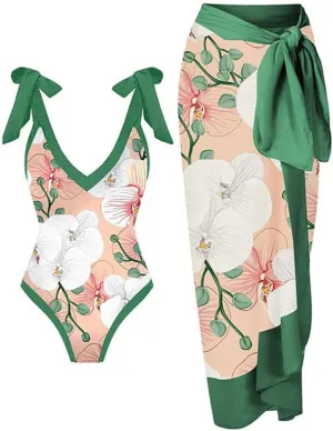 IBTOM CASTLE Women One Piece Swimsuit with Long Cover up Wrap Skirt Two Piece Bathing Suit Retro Monokini Summer Beach Outfit