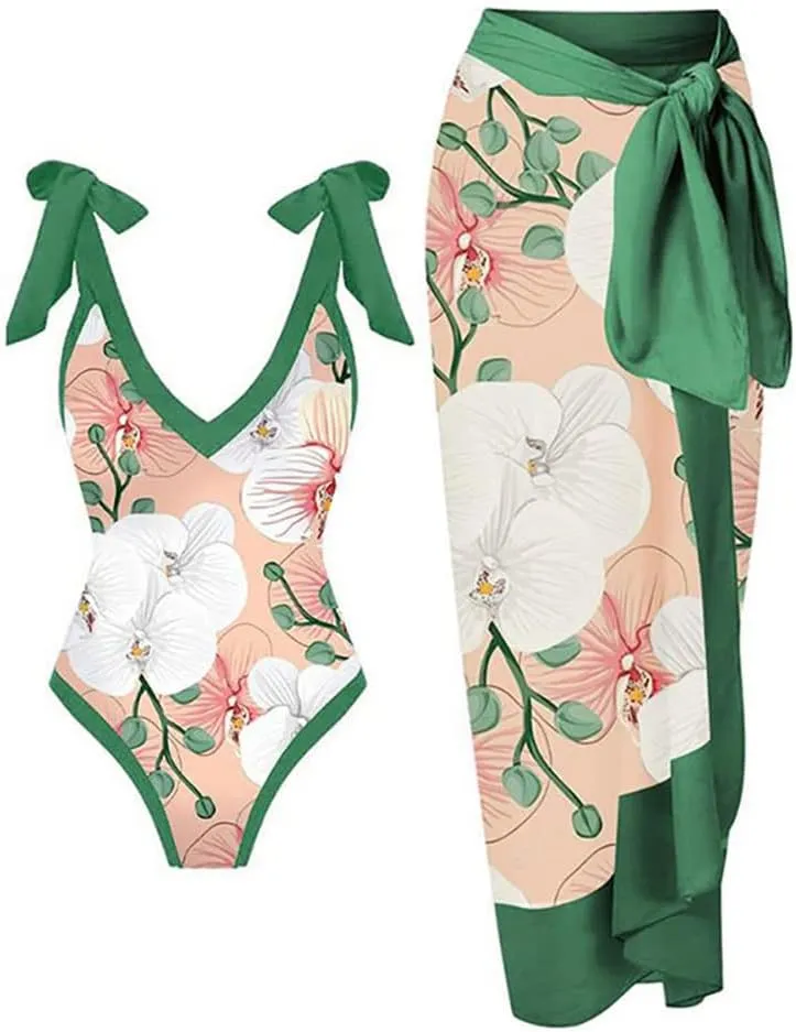 IBTOM CASTLE Women One Piece Swimsuit with Long Cover up Wrap Skirt Two Piece Bathing Suit Retro Monokini Summer Beach Outfit