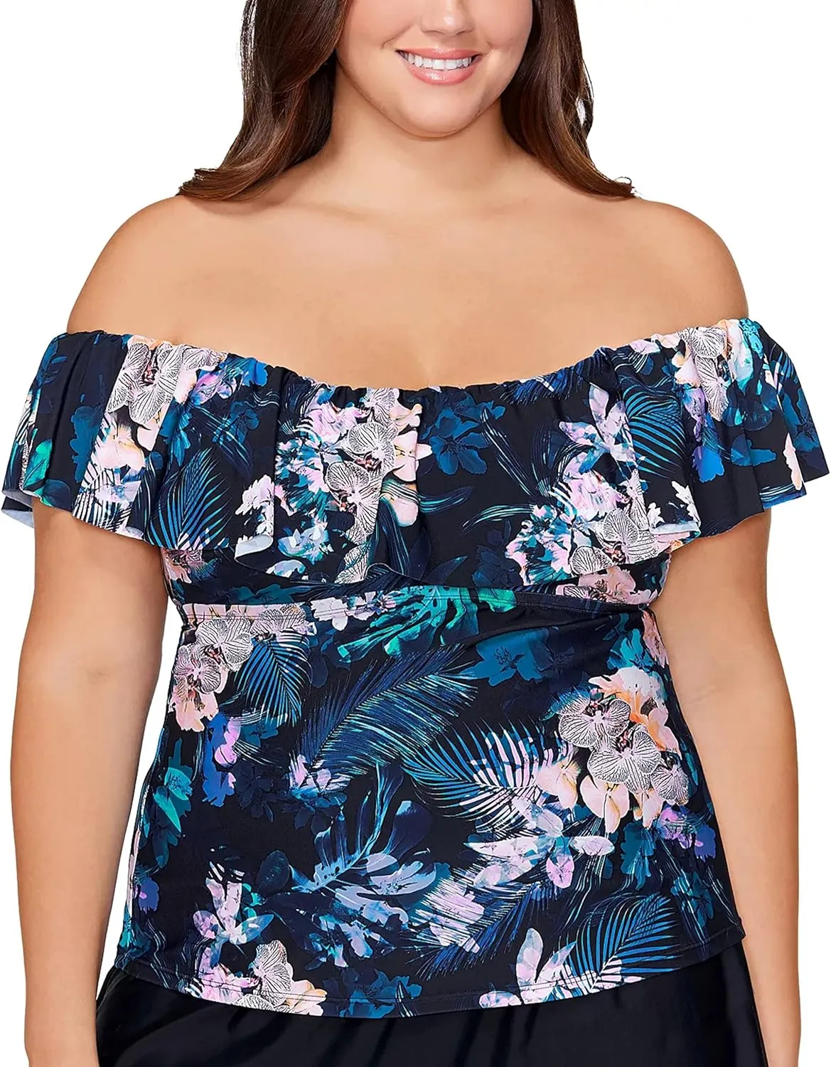 Island Escape Women's Plus Size La Flor Floral-Print Underwire Ruffled Off The Shoulder Tankini Top Black 20W