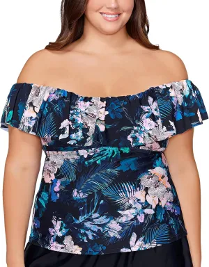 Island Escape Women's Plus Size La Flor Floral-Print Underwire Ruffled Off The Shoulder Tankini Top Black 20W