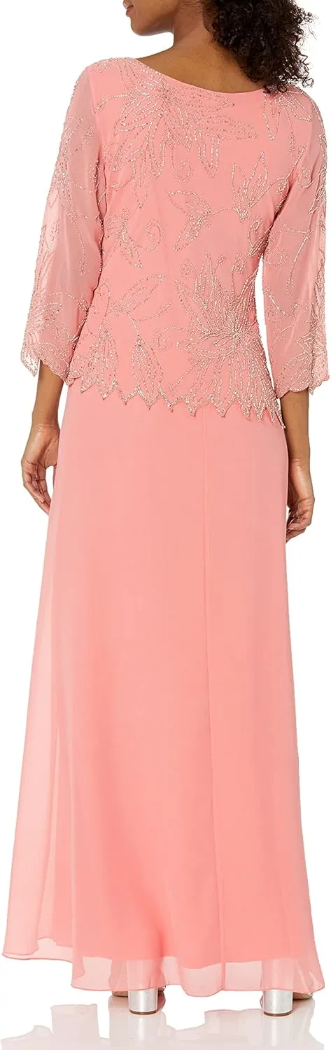 J Kara Women's 3/4 Sleeve Long Beaded Floral Design Dress