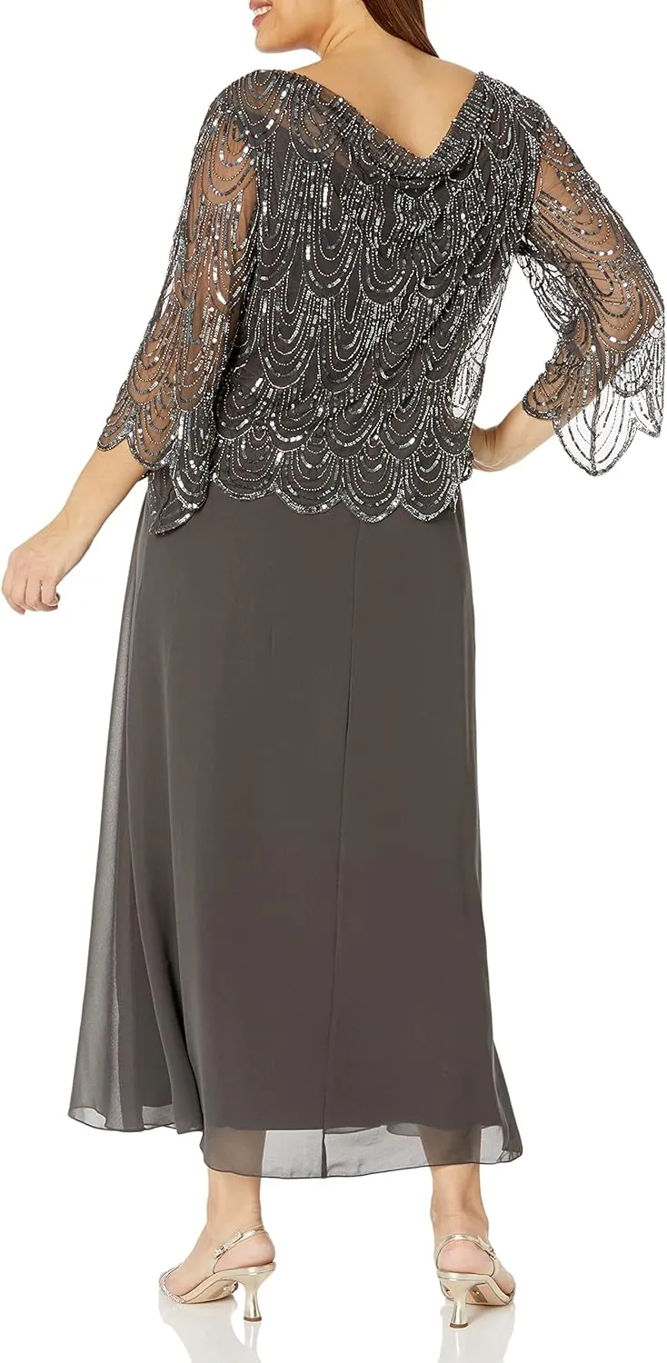 J Kara Women's 3/4 Sleeve Scallop Beaded Design Long Dress