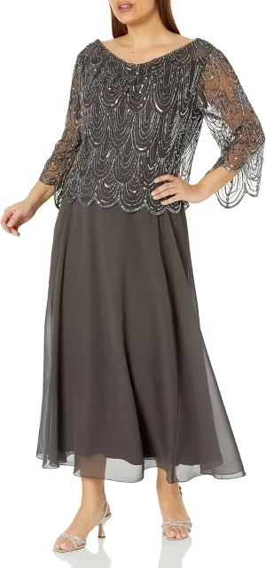 J Kara Women's 3/4 Sleeve Scallop Beaded Design Long Dress