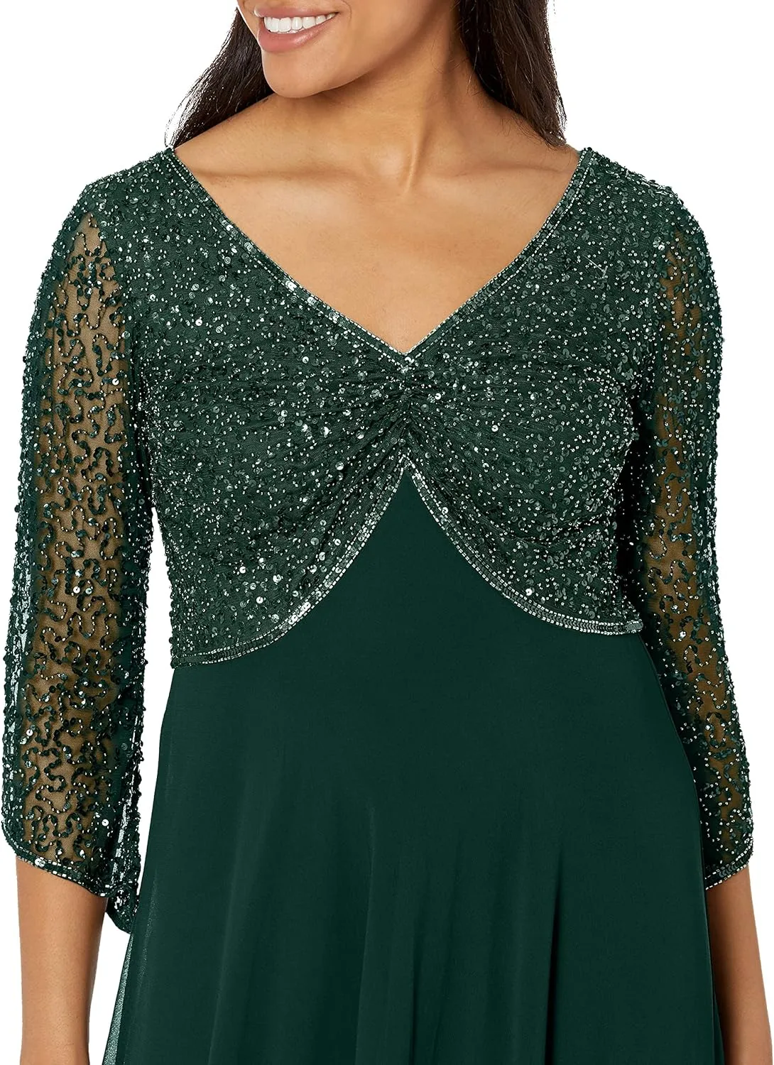J Kara Women's 3/4 Sleeve V-Neck Beaded Top Long Gown