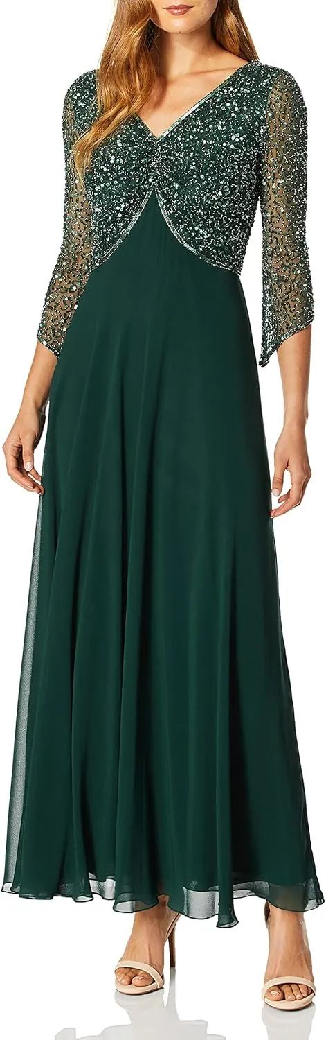 J Kara Women's 3/4 Sleeve V-Neck Beaded Top Long Gown