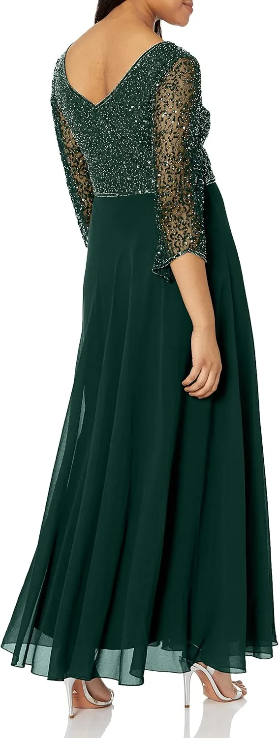 J Kara Women's 3/4 Sleeve V-Neck Beaded Top Long Gown