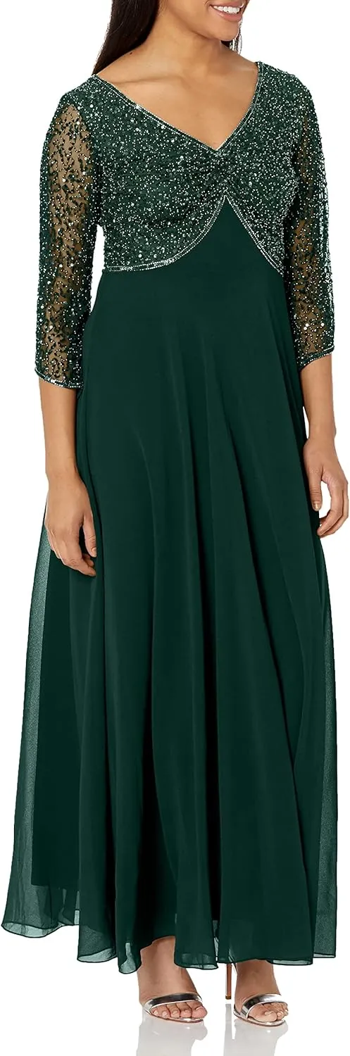 J Kara Women's 3/4 Sleeve V-Neck Beaded Top Long Gown