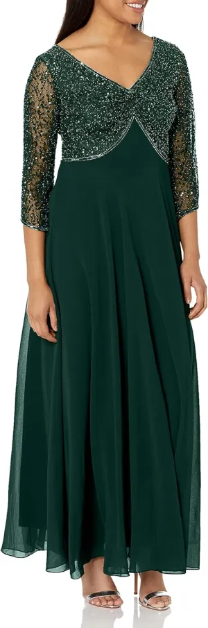 J Kara Women's 3/4 Sleeve V-Neck Beaded Top Long Gown