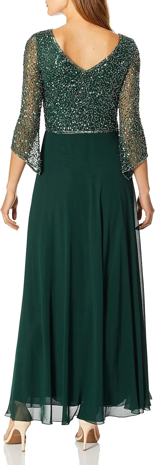 J Kara Women's 3/4 Sleeve V-Neck Beaded Top Long Gown