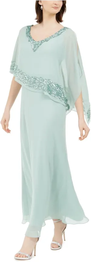 J Kara Women's Beaded Sequin V-Neck Capelet Popover Gown