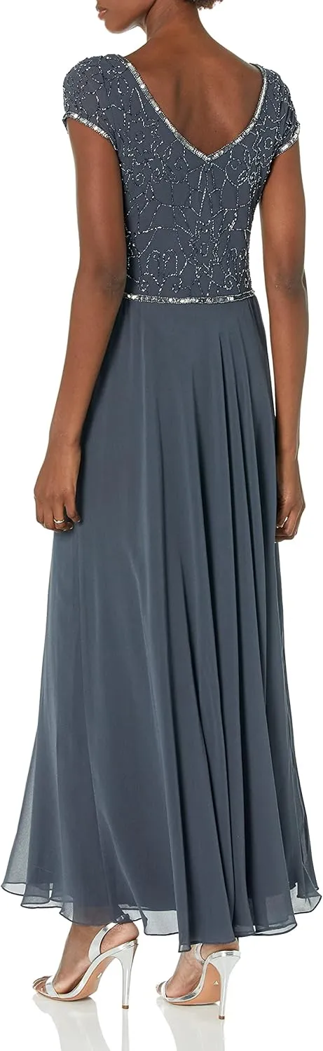J Kara Women's Cap Sleeve V-Neck Beaded Top Gown