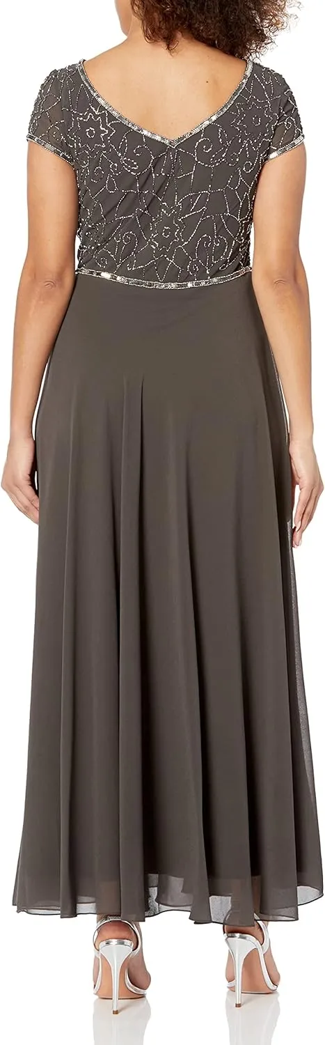 J Kara Women's Cap Sleeve V-Neck Beaded Top Gown