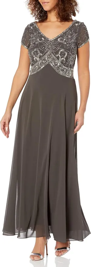 J Kara Women's Cap Sleeve V-Neck Beaded Top Gown