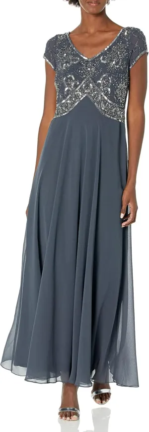 J Kara Women's Cap Sleeve V-Neck Beaded Top Gown
