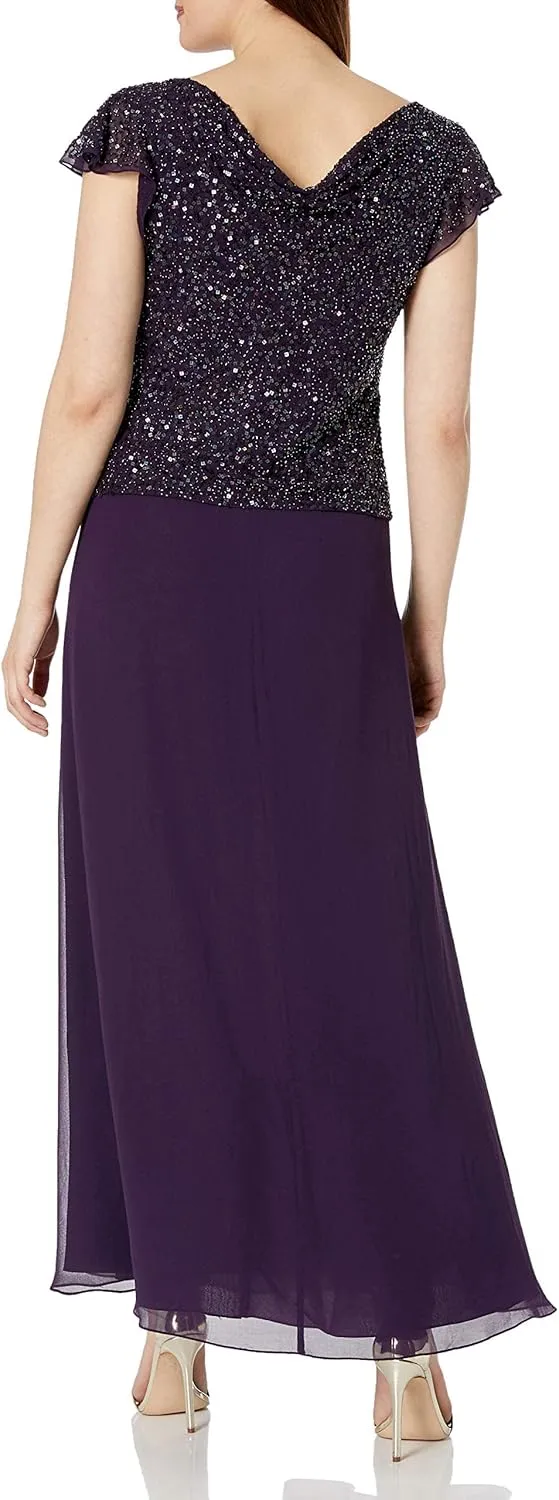 J Kara Women's One Size Long Beaded Cowl Neck Flutter Sleeve Gown Dress