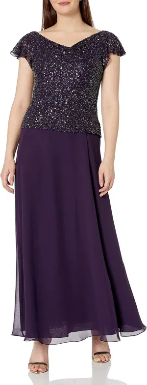 J Kara Women's One Size Long Beaded Cowl Neck Flutter Sleeve Gown Dress