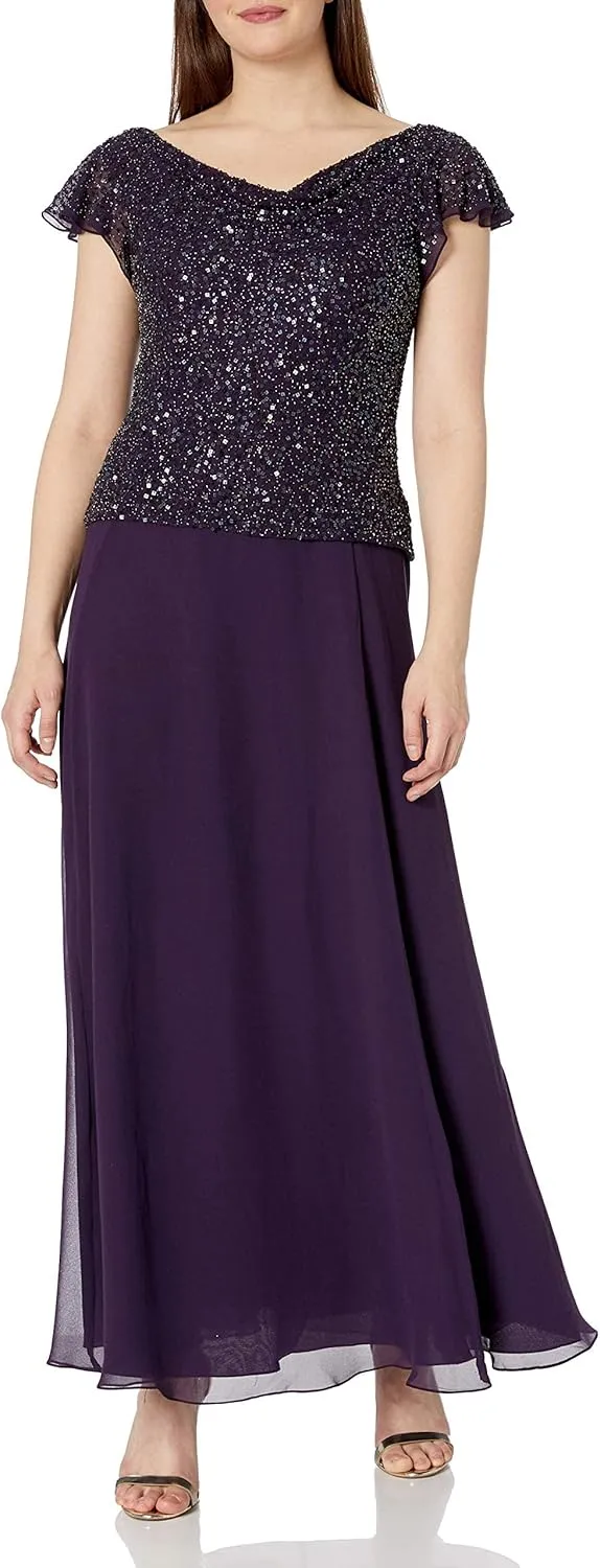J Kara Women's One Size Long Beaded Cowl Neck Flutter Sleeve Gown Dress